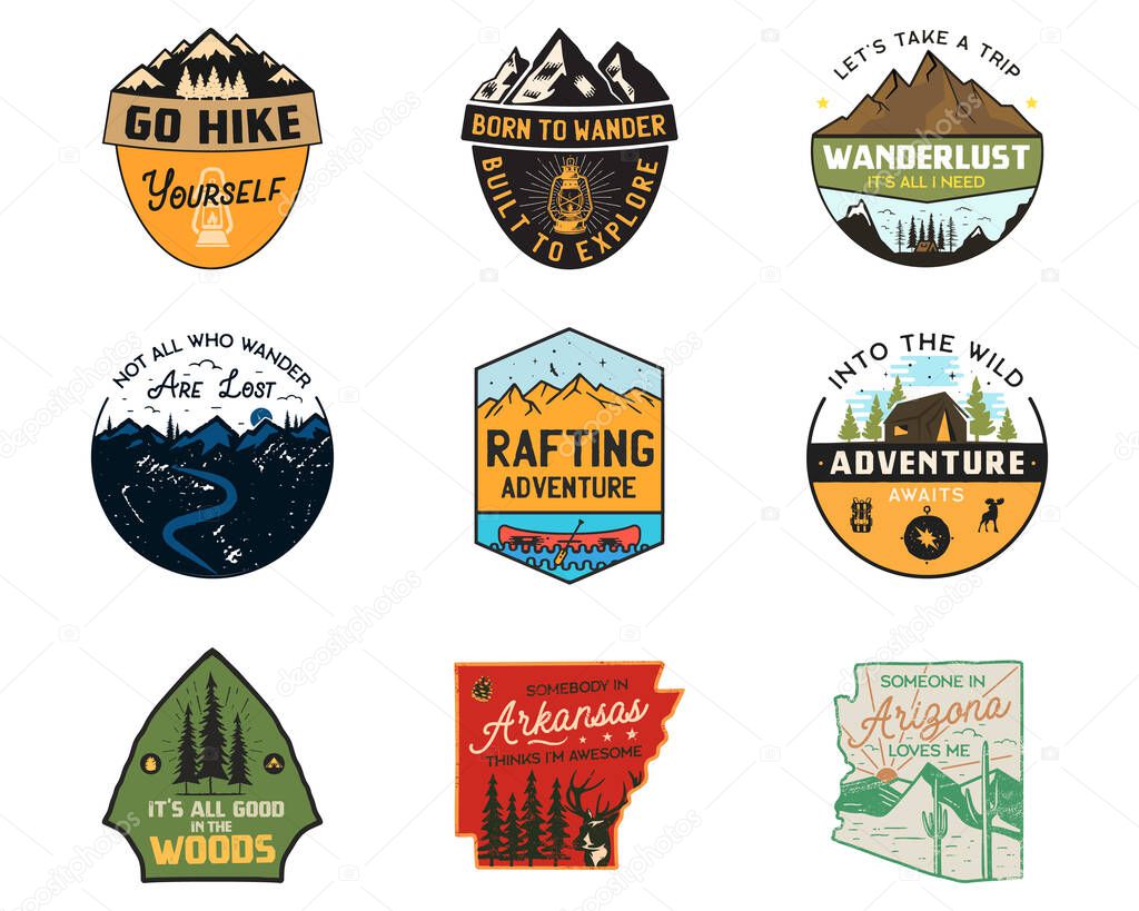 Vintage camp logos, mountain color badges set. Hand drawn labels designs. Travel expedition, wanderlust and hiking. Outdoor emblems. Logotypes collection. Stock vector isolated on white.