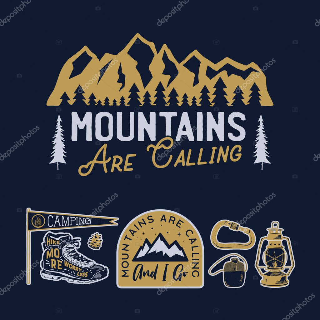 Vintage camp logos, mountain badges set. Hand drawn labels designs. Travel expedition, wanderlust and hiking. Mountains are Calling outdoor emblems. Logotypes collection. Stock vector