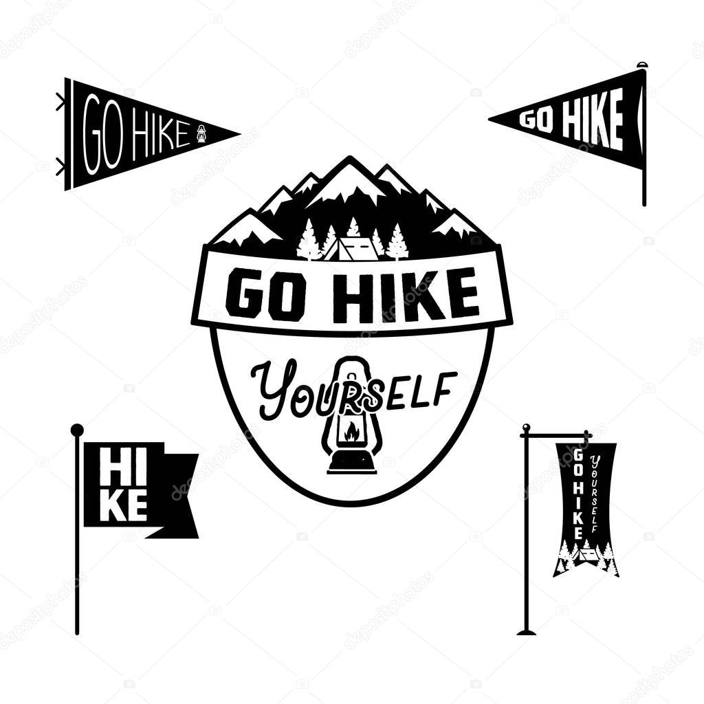 Vintage camp pennants and logos collection, Go hike yourself stickers. Hand drawn badges design. Travel expedition, wanderlust retro graphics. Hiking logotypes. Stock vector