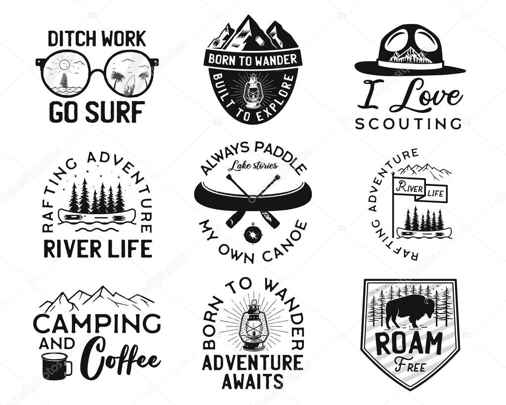 Vintage camp logos, mountain badges set. Hand drawn labels designs. Travel expedition, canoe, wanderlust and hiking. Outdoor emblems. Logotypes collection. Stock vector isolated on white.