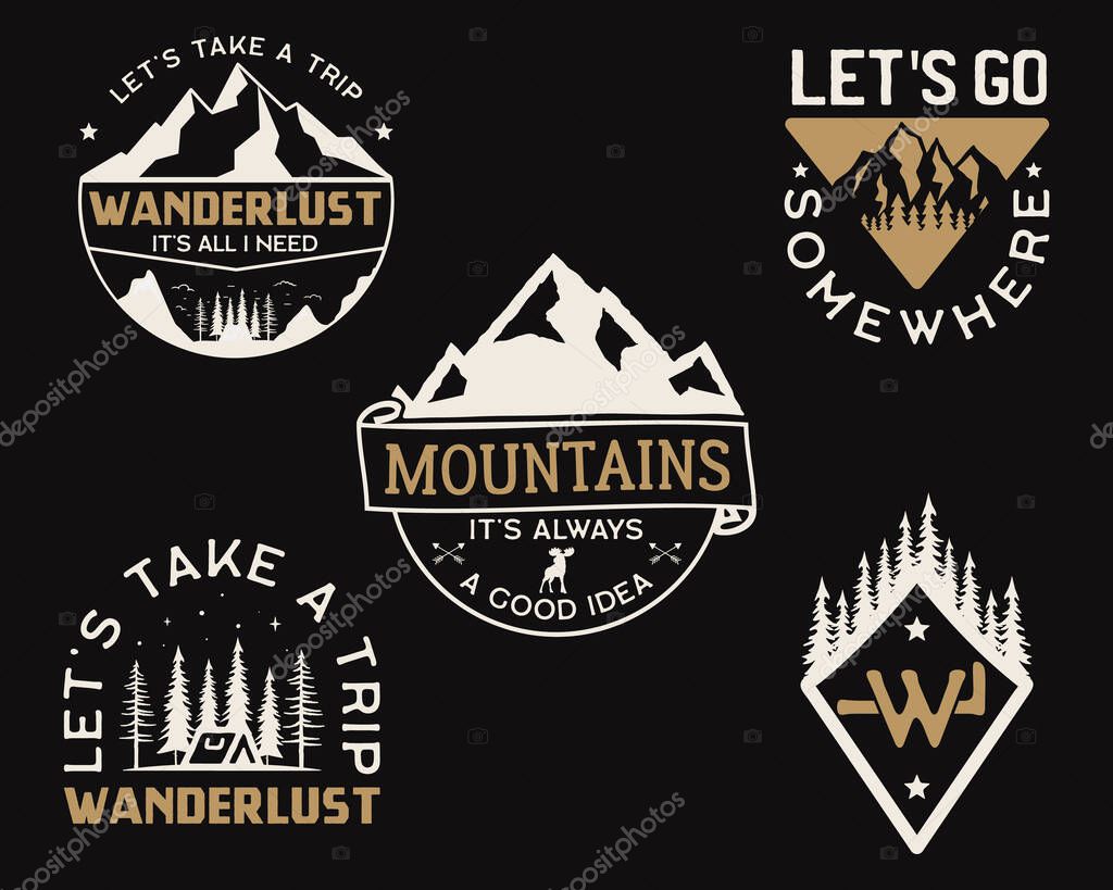 Vintage mountain camp logos, adventure badges set. Hand drawn labels designs. Travel expedition insignias, wanderlust and scouting. Outdoor emblems. Logotypes collection. Stock vector.