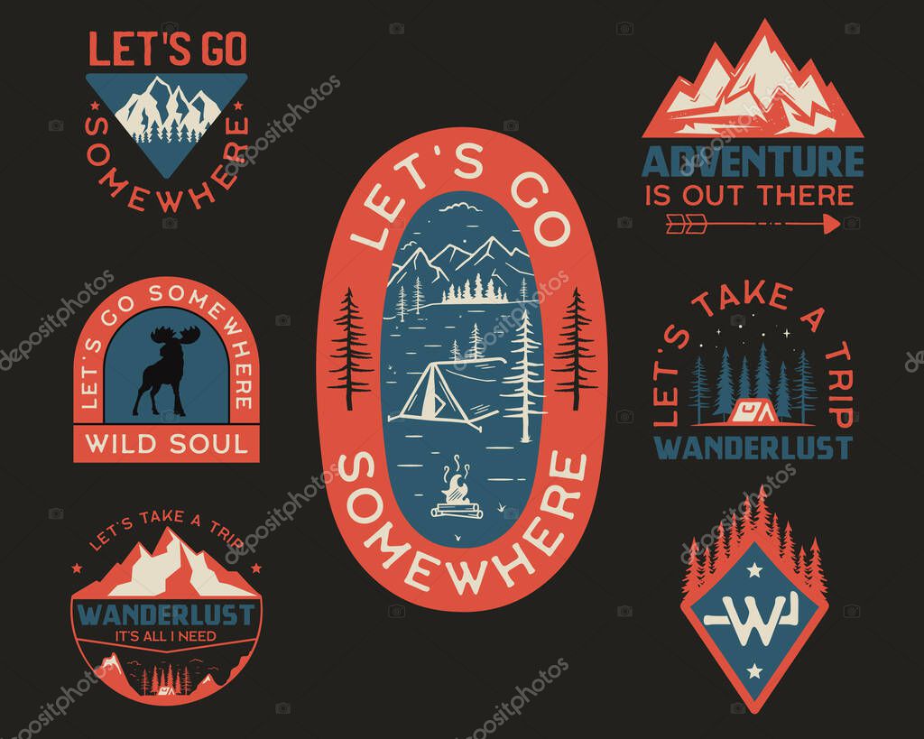 Vintage camp logos, mountain badges set. Hand drawn labels designs for t shirt. Travel expedition, wanderlust and hiking. Wild animals, outdoor emblems. Logotypes collection. Stock vector.