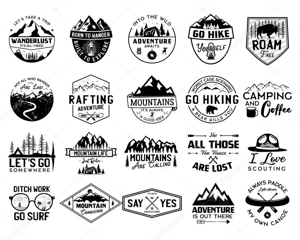 Vintage camp logo bundle, mountain badges set. Hand drawn labels designs. Travel expedition, canoe, wanderlust and hiking. Outdoor emblems. Logotypes collection. Stock vector isolated on white.