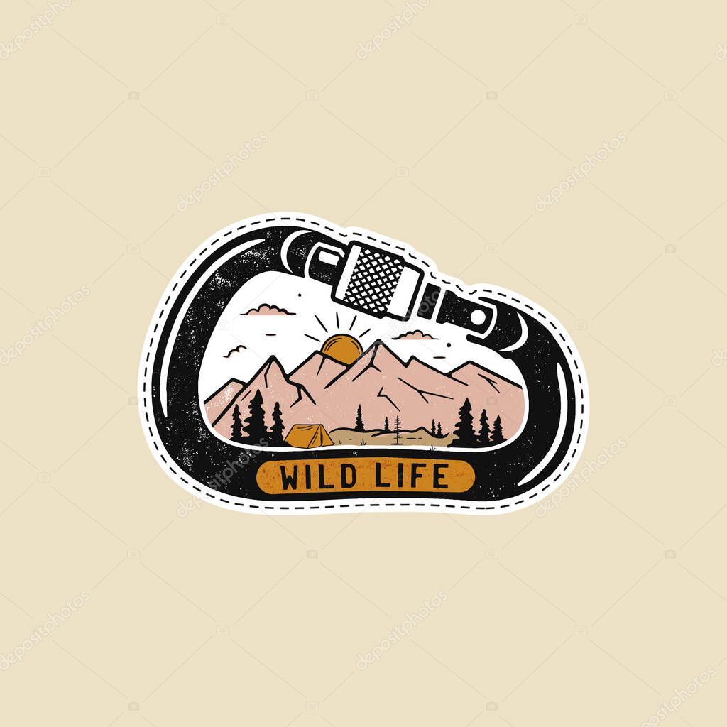 Vintage camp patches logo, mountain badge. Hand drawn sticker design. Travel expedition, backpacking label. Outdoor emblem. Stock vector
