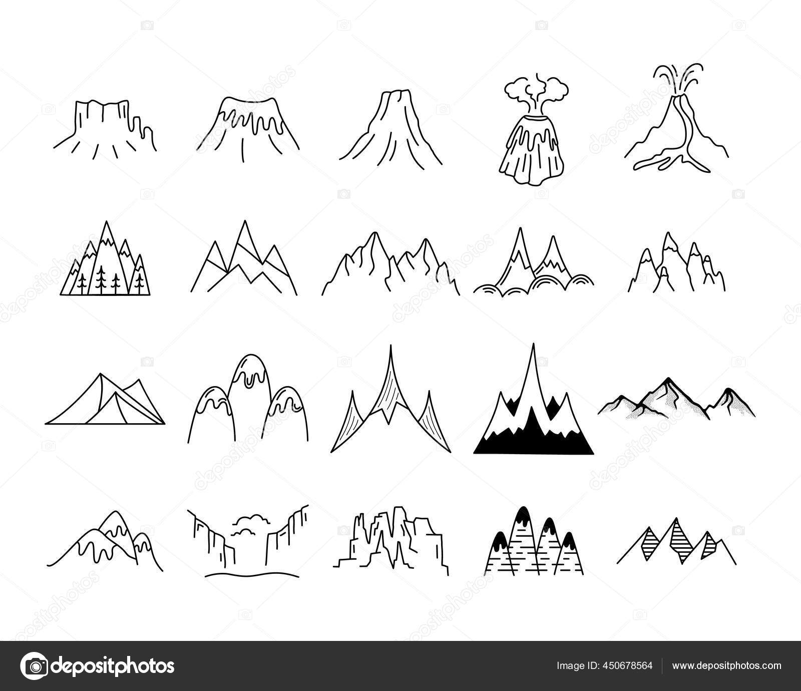 Simple vector montañas iconos formas conjunto. Kit de creación de logotipo.  Aventura al aire libre arte línea montaña elementos paquete. Concepto  lineal de silueta. Stock vector colinas colección Vector de stock #450678564, image size:1600x1380