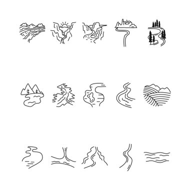 Basit vektör vadileri, nehirler ve dağlar şekillendirilmiş ikonlar. Logo oluşturma kiti. Açık hava macera çizgisi sanat öğeleri yığını. Silüet doğrusal konsept. Stok vektörü