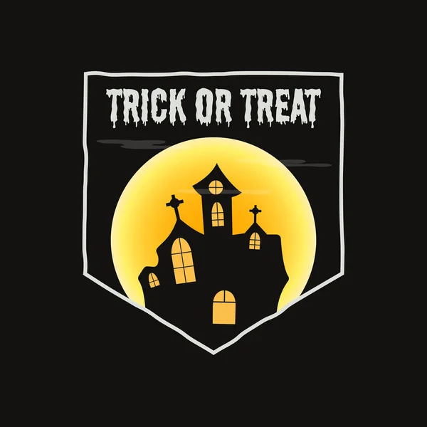 Vintage Halloween tipografia gráficos crachá com cena do castelo de horror paisagem, lua e citar texto - Truque ou Trate. Etiqueta de emblema retro feriado. Adesivo vetorial estoque no fundo preto — Vetor de Stock