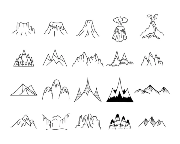 Eenvoudige vector bergen pictogrammen vormen ingesteld. Logo creatie kit. Outdoor avontuur lijn kunst bergelementen bundel. Silhouet lineair concept. Inzameling van vectorheuvels — Stockvector