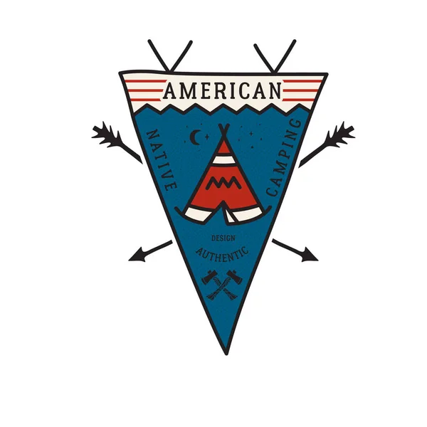 Vintage camping avontuur wimpel embleem illustratie ontwerp. Outdoor logo badge met tent en tekst - Amerikaanse camping, authentiek design. Ongebruikelijke lineaire hipster stijl vlag. Voorraadvector — Stockvector