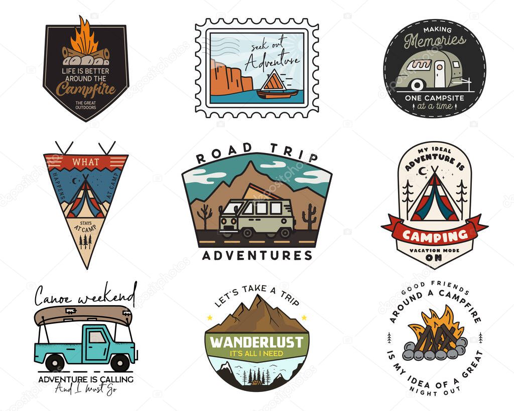 Camping adventure badges logos set, Vintage travel emblems. Hand drawn stickers designs bundle. Hiking road trip, rv, canoe labels. Outdoor camper insignias. Logotypes collection. Stock vector