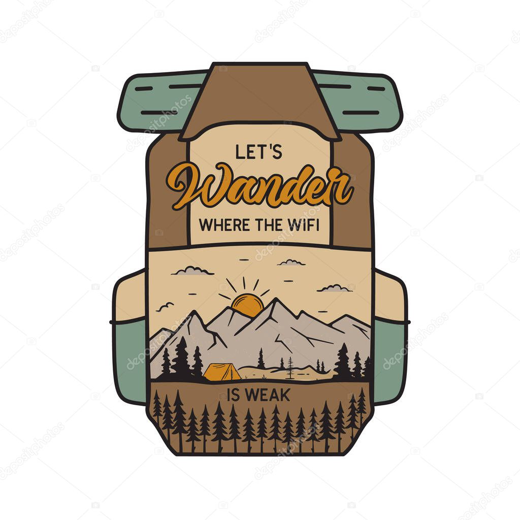 Vintage camping adventure badge illustration design. Outdoor logo emblem with mountains scene inside the backpack and text - Lets wander. Unusual linear hipster style patch. Stock vector.