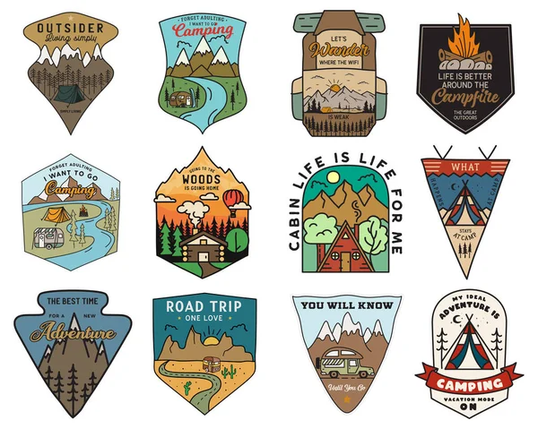 Camping adventure badges logos set, Vintage travel emblems. Hand drawn stickers designs bundle. Hiking expedition, road trip labels. Outdoor camper insignias. Logotypes collection. Stock vector. — Stockový vektor