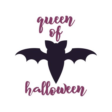 Cadılar Bayramı amblem logosu tasarımın kutlu olsun. Cadılar Bayramı kraliçesi yarasa ve yazılı tatil posteri. Vektör rozet illüstrasyonu.