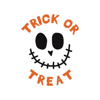 Cadılar Bayramı amblem logosu tasarımın kutlu olsun. Komik suratlı ve mesajlı bir tatil posteri. Şeker mi şaka mı? Vektör bayramı cadılar bayramı rozeti çizimi.