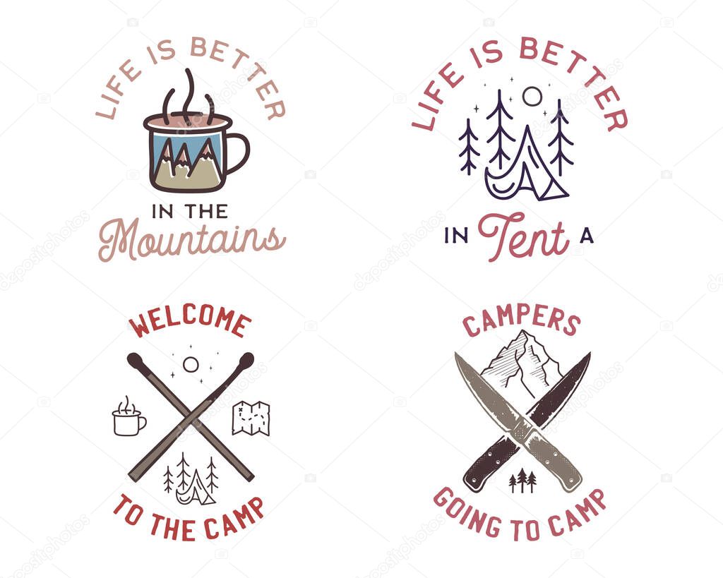 Camping adventure badges logos set, Vintage travel emblems. Hand drawn line art stickers designs bundle. Hiking expedition, campers quotes labels. Outdoor camper insignias. Stock vector.