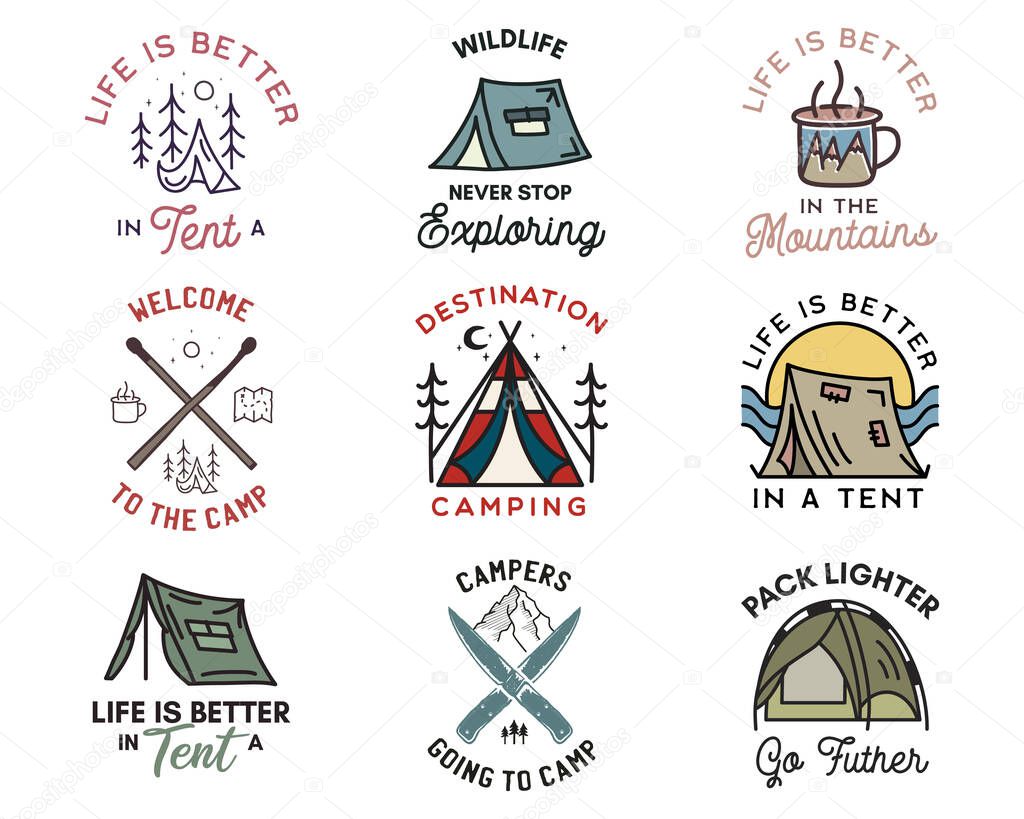 Camping adventure badges logos set, Vintage travel emblems. Hand drawn line art stickers designs bundle. Hiking expedition, campers quotes labels. Outdoor camper insignias. Stock vector set