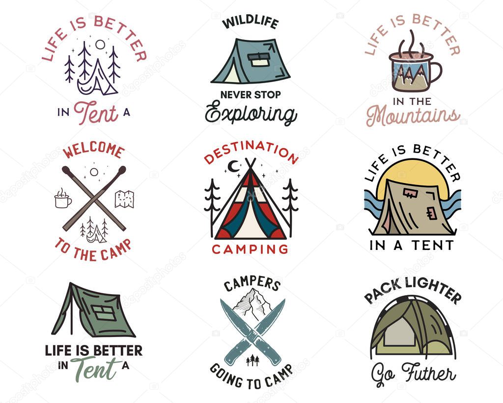 Camping adventure badges logos set, Vintage travel emblems. Hand drawn line art stickers designs bundle. Hiking expedition, campers quotes labels. Outdoor camper insignias. Stock vector set.