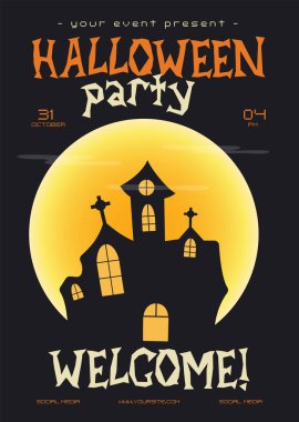 Cadılar Bayramı partisi ilanı. Şatosu ve ayı olan bir sonbahar tatili afişi. Stok vektör illüstrasyonu