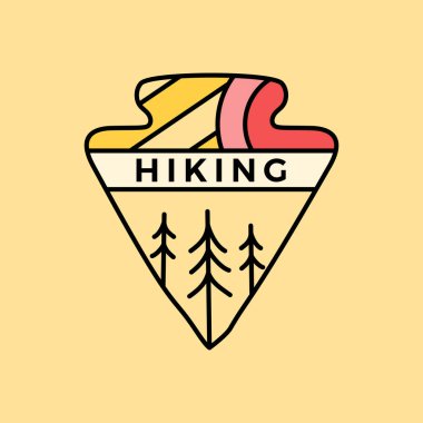 Yürüyüş amblemi şablonu, ağaçlı macera etiketi tasarımı. Sıra dışı çizgi sanatı retro stili çıkartması. Stock vektör sanatı