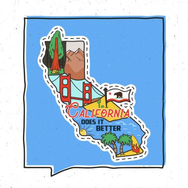 Vintage adventure California badge illustration design. Outdoor US state emblem with Cali attractions and text - California Does It Better. Unusual american hipster style sticker. Stock vector clipart