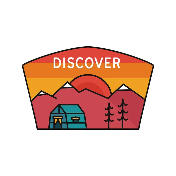 Vintage discover logo, adventure emblem design with mountains and river. Unusual line art retro style sticker. Unique colors. Stock vector art — 图库矢量图片