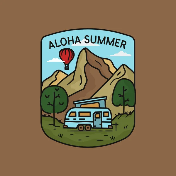 Camping logo avventura, aloha design emblema estivo con montagne, rimorchio camper e mongolfiera. Adesivo stile retrò linea insolito arte. Vettore di stock — Vettoriale Stock