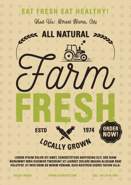 Folleto Farm Fresh formato A4. Crecido localmente, todos los productos orgánicos naturales póster diseño gráfico con tractor. Stock vector tarjeta retro — Archivo Imágenes Vectoriales