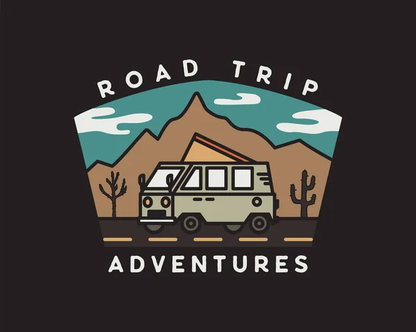 Vintage road trip journey badge illustration design. Outdoor emblem with RV, mountains and text - Road Trip adventures. Unusual hipster style patch. Stock vector — Stock Vector