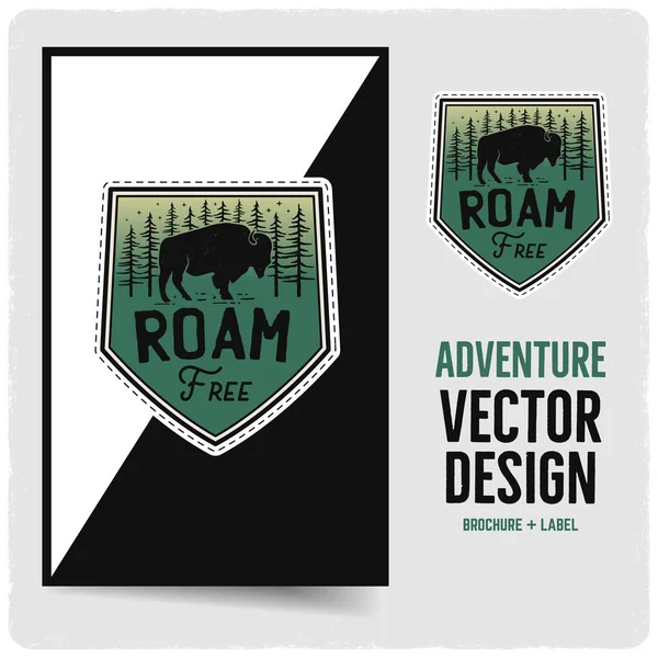 Vintage Roam Insignia libre y diseño de ilustración folleto. Emblema de viaje con texto. Parche inusual estilo aventura hipster. vector de stock — Archivo Imágenes Vectoriales