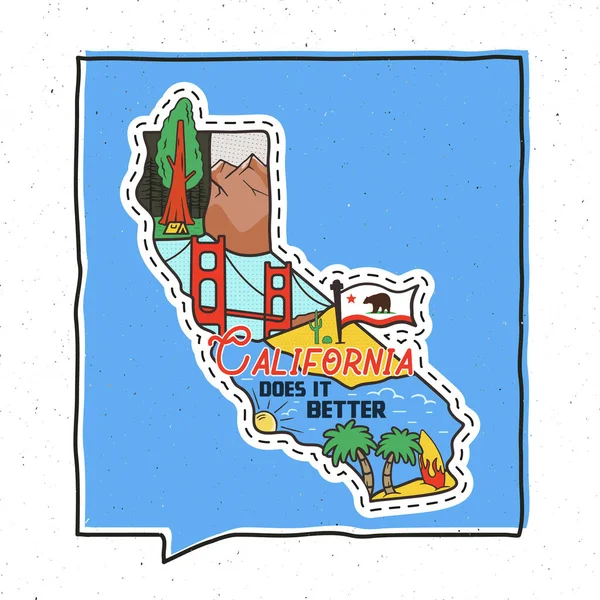 Vintage aventura California insignia ilustración diseño. Emblema del estado de EE.UU. al aire libre con atracciones de Cali y texto - California lo hace mejor. Pegatina estilo hipster americano inusual. vector de stock — Vector de stock