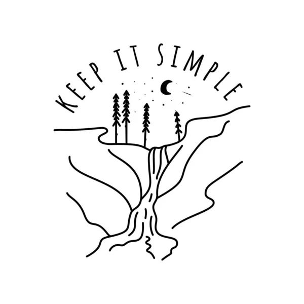 Vintage keep it simple camp logo design. Outdoor adventure waterfall line art scene, hiking landscape. Silhouette linear concept. Stock vector badge — Stock Vector