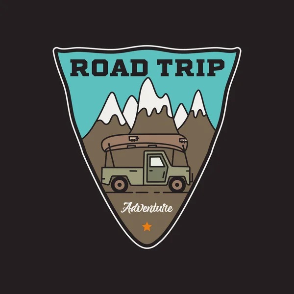 Vintage road trip adventure badge sticker illustration design. Camp outdoor logo with mountain, camper. Retro travel emblem. Unusual hipster style patch. Stock vector — Stock Vector