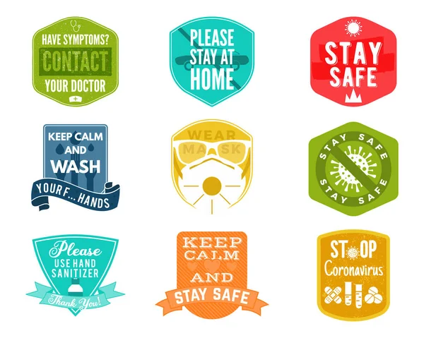 Coronavirus Warnung Badges Sammlung. Covid-2019 bleiben sichere Ratgeberetiketten. Hände waschen, Maske und anderes tragen. Aktienvektor isoliert — Stockvektor