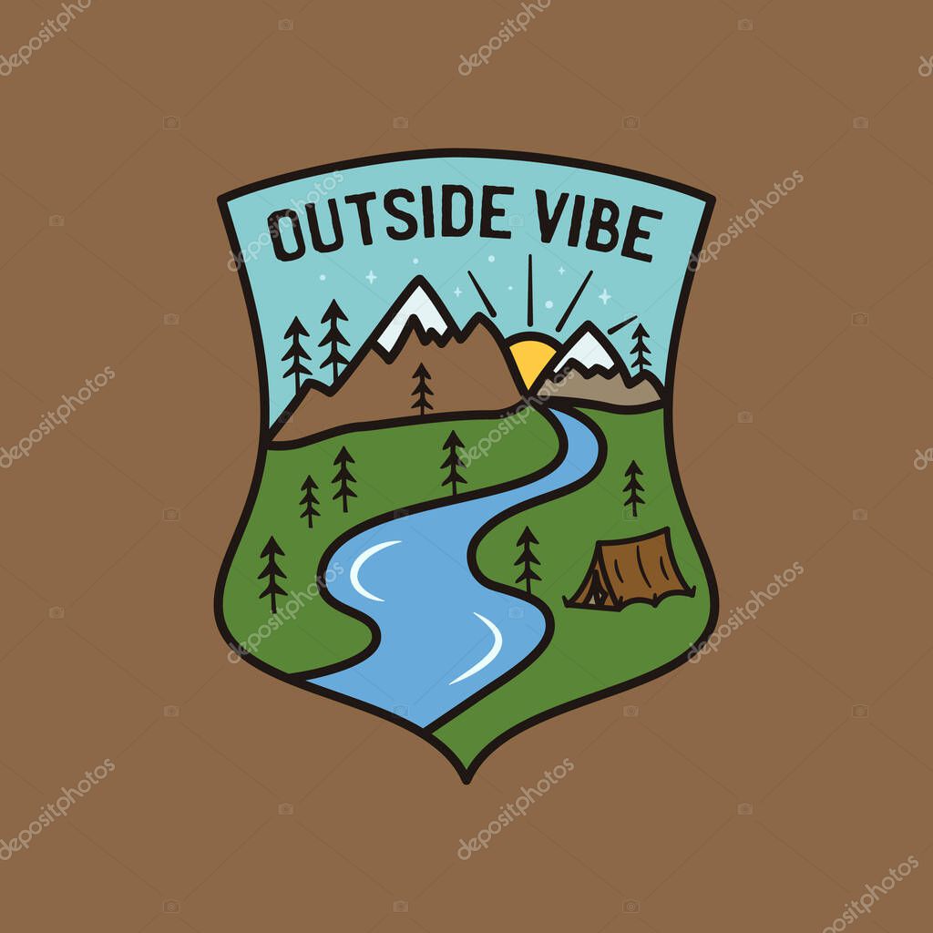 Vintage outside vibe logo, adventure emblem design with mountains scene, tent and river. Unusual line art retro style sticker. Stock vector label.