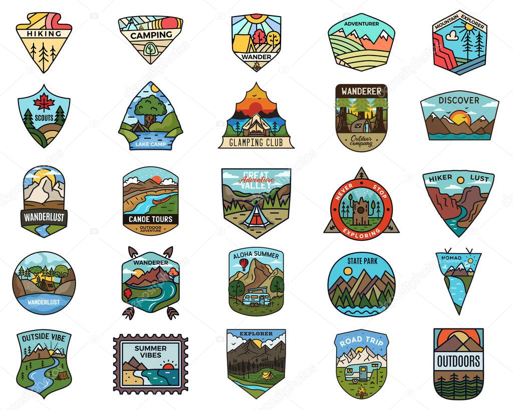 Camping adventure logos set. Vintage travel emblems. Hand drawn badges stickers designs bundle. Wanderlust, national park, scouts labels. Outdoor nature insignias. Logotypes collection. Stock vector