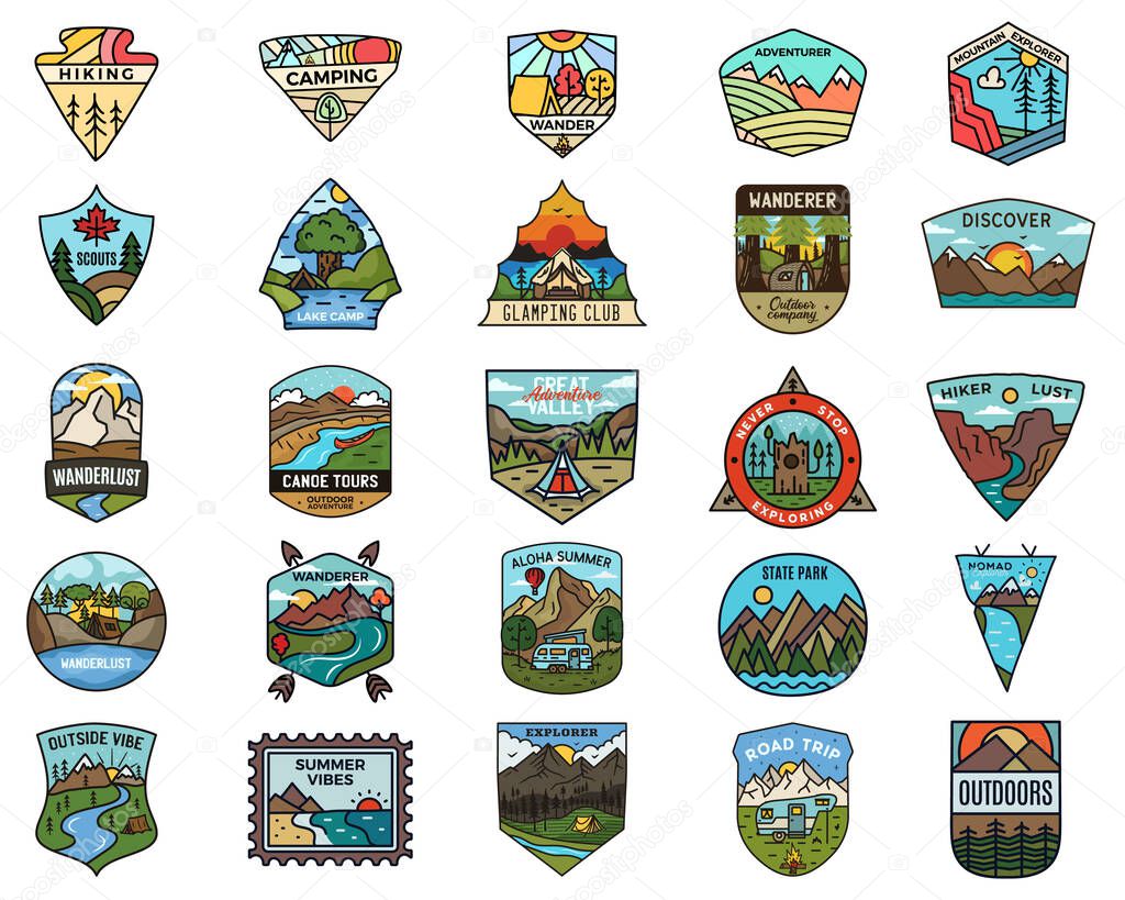 Camping adventure logos set. Vintage travel emblems. Hand drawn badges stickers designs bundle. Wanderlust, national park, scouts labels. Outdoor nature insignias. Logotypes collection. Stock vector.