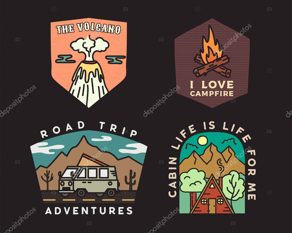 Vintage mountain camp badges logos set, Adventure stickers. Hand drawn emblems bundle. Road trip, Travel expedition, campfire labels. Outdoor hiking designs. Logotypes collection. Stock vector