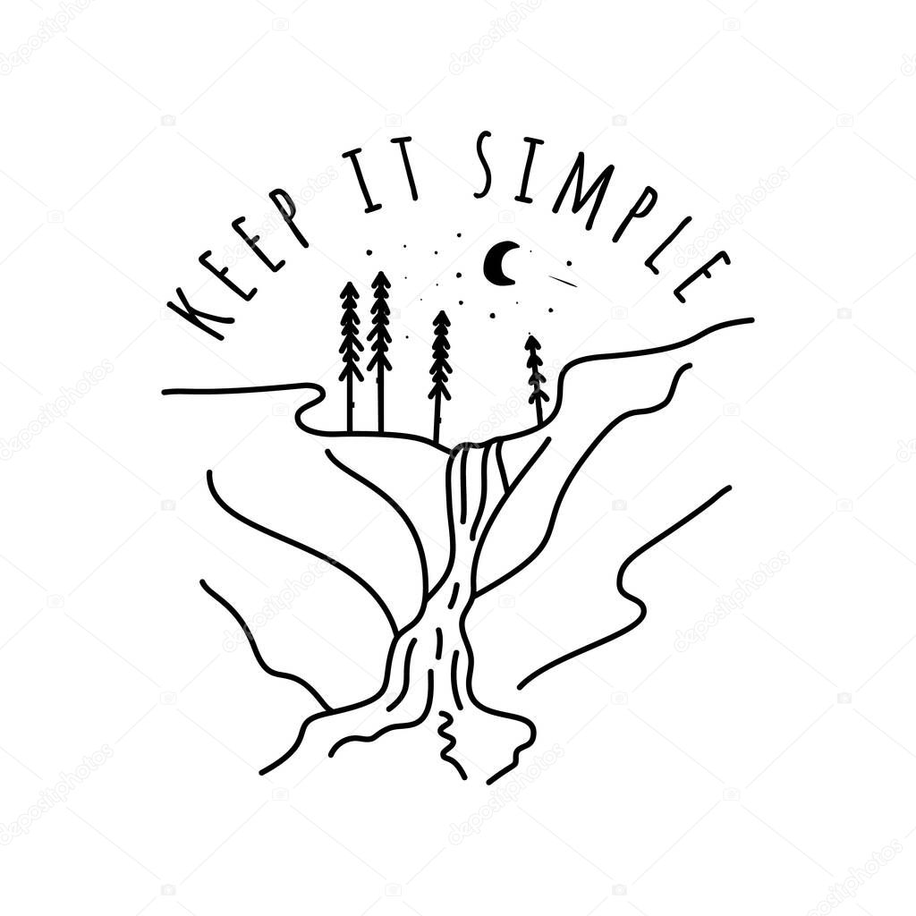 Vintage keep it simple camp logo design. Outdoor adventure waterfall line art scene, hiking landscape. Silhouette linear concept. Stock vector badge.