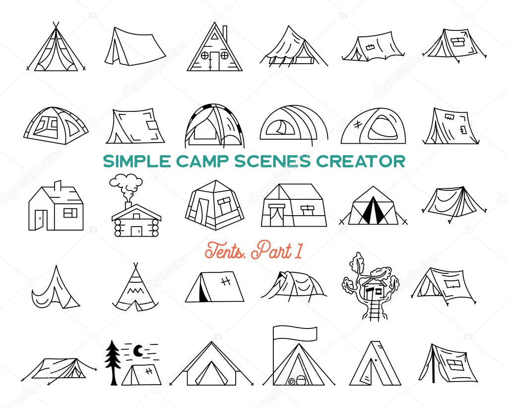 Vintage hand drawn tents icons bundle. Simple line art graphics. Camping houses symbols. Stock vector isolated adventure elemens and symbols