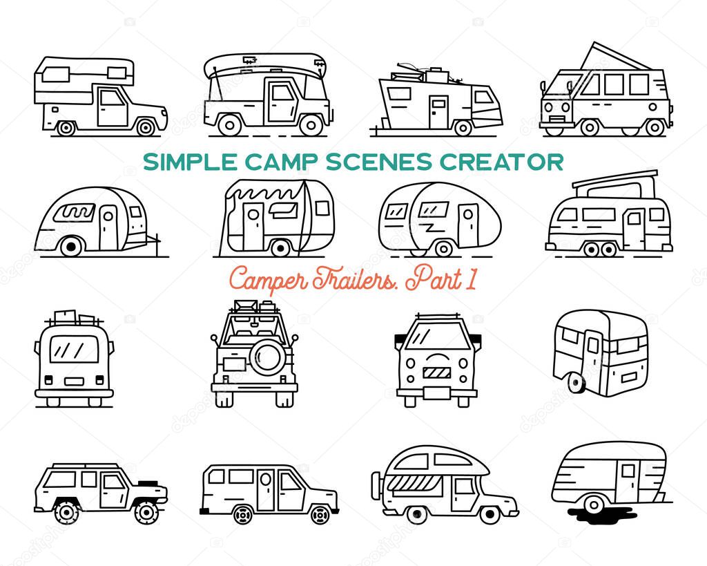 Vintage hand drawn camper recreational trailers, Rv cars icons. Simple line art graphics elements. Camping vehicles vans and caravans symbols. Stock vector isolated.