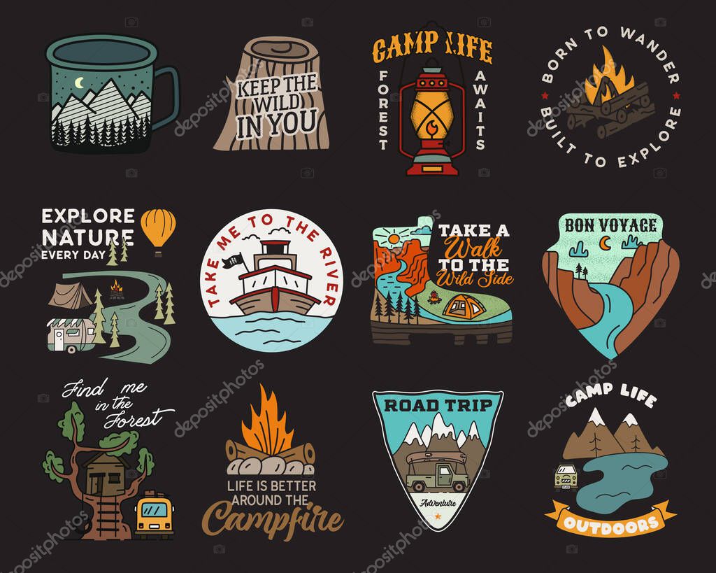 Vintage mountain camp badges logos set, Adventure patches. Hand drawn stickers designs bundle. Travel expedition, backpacking labels. Outdoor hiking emblems. Logotypes collection. Stock vector