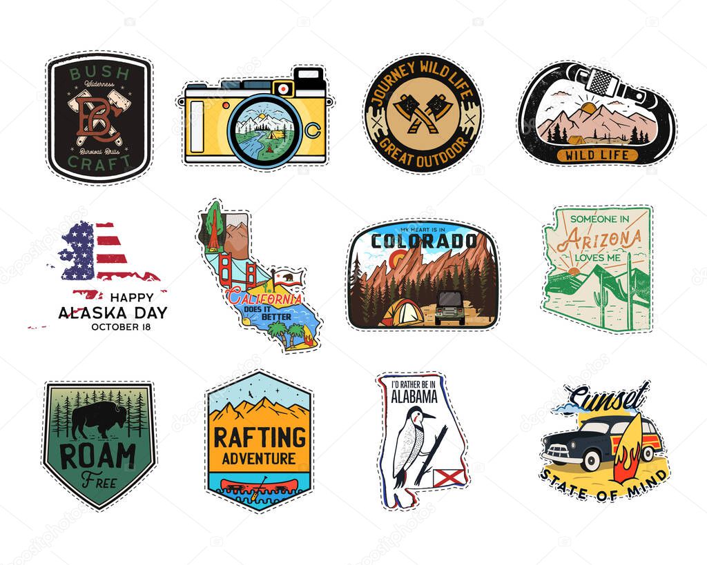 Vintage camp patches logos, mountain badges set. Hand drawn stickers designs bundle. Travel expedition, backpacking labels. Outdoor hiking emblems. Logotypes collection. Stock vector isolated