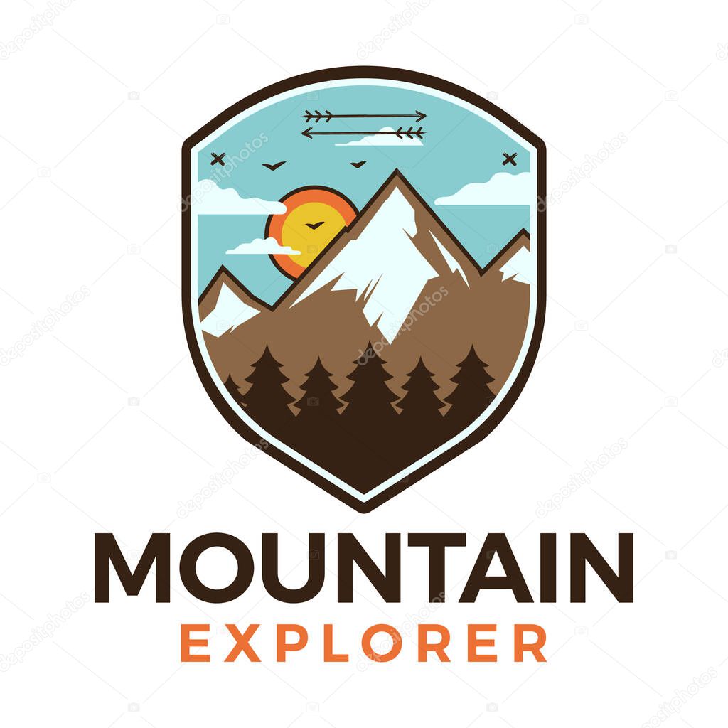 Mountain Explorer logo, retro camping adventure emblem design with mountains and trees. Unusual line art retro style sticker. Stock vector patch.