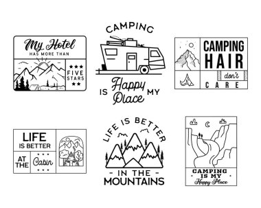 Klasik sanat logosu tasarımları ayarlandı. Kamp macera rozetleri. Kamp etiketi, yürüyüş işaretleri. Silüet doğrusal konsept. Stok vektör koleksiyonu