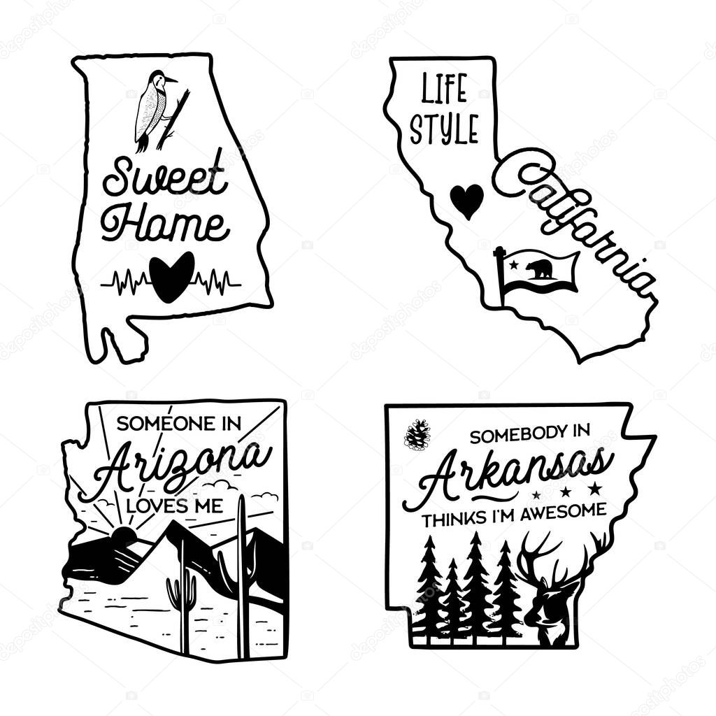 US states line art logo designs set. Camping adventure badges emblems. American labels bundle - Arizona, Alabama, Arkansas, California. Silhouette linear concept. Stock vector collection