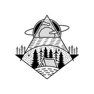 Kamp macerası dövme tasarımı. Yürüyüş çadırı sahnesi olan açık hava amblemi. Seyahat silueti etiketi izole edildi. Kutsal geometri. Stock vektör amblemi