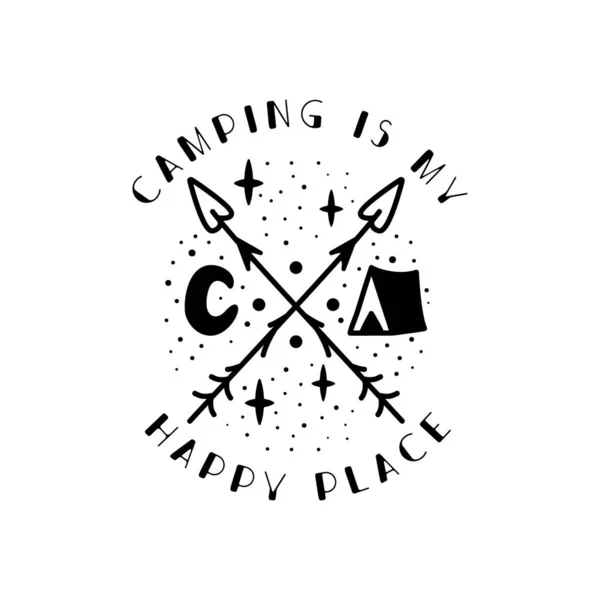 Ontwerp campingbadge. Kamperen crest logo met tent, Luna en offerte - Kamperen is mijn gelukkige plek. Reislabel geïsoleerd. Heilige geometrie. Voorraad vector tattoo graphics embleem — Stockvector