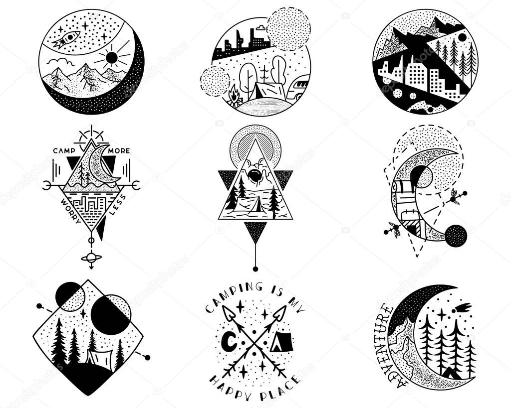 Camping adventure badges set. Outdoor crest logos with mountains, tents and trees. Travel silhouette labels isolated. Sacred geometry. Stock vector tattoo graphics emblems.
