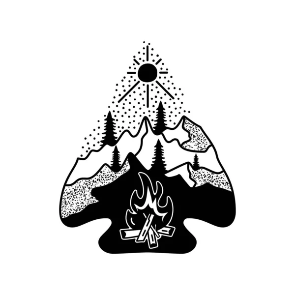 Camping adventure badge design. Outdoor crest logo with campfire and mountains. Travel silhouette label isolated. Sacred geometry. Stock vector tattoo graphics label — Stock Vector