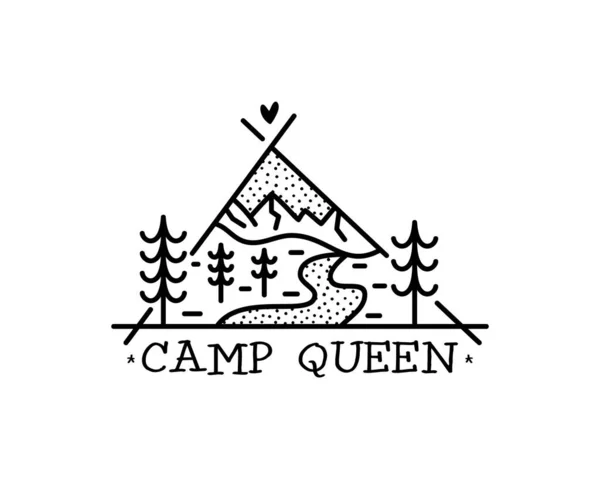 Camping äventyrsbricka design. Utomhus krön logotyp med citat - Camp drottning. Resor siluett etikett isolerad. Helig geometri. Lager vektor tatuering grafik emblem — Stock vektor